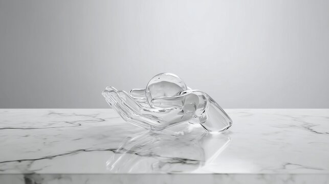 Transparent Glass Hand Sculpture on White Marble Surface