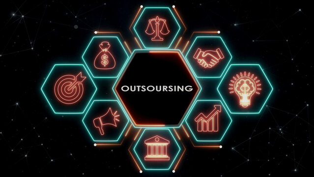 Outsourcing digital interface with neon hexagons for global business operations.