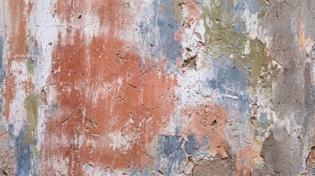 Abstract background of a weathered wall with peeling paint and rustic textures.