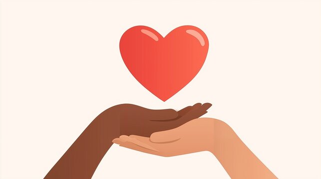 Diverse caring hands supporting a floating red heart on a soft beige background