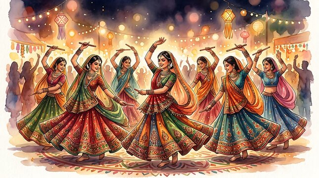 Women in traditional attire performing garba dance at festive night