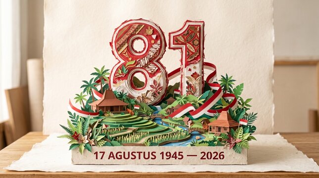 81st Indonesian Independence Day Celebration 2026 with Red and White Flag, Decorative Number 81, Tropical Plants and 17 August 1945&ndash;2026 Text