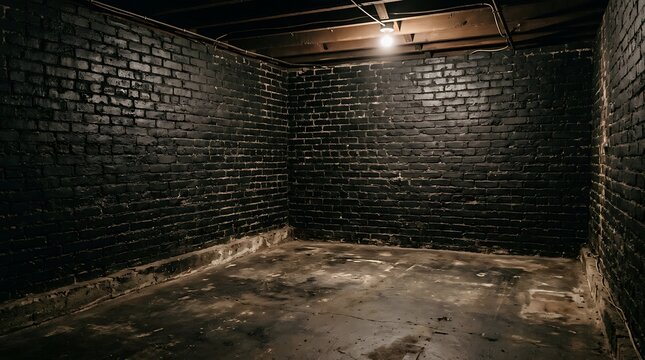 Empty square room with Black brick walls that are not plastered background and texture. The texture of the brick is black. Background of empty brick basement wall