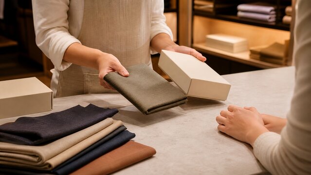 Boutique client consultation with fabric samples and blank packaging
