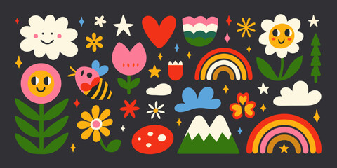 Fototapeta premium Colorful doodle illustrations of flowers rainbows and bees on a dark background