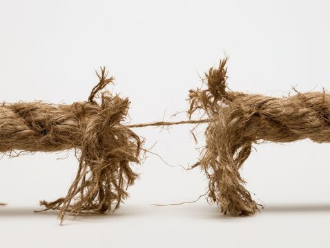 Close up of a frayed rope about to break on a white background.