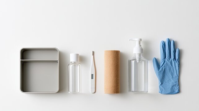 Personal Hygiene and Health Kit Essentials Laid Out Flat.