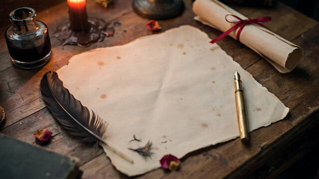 Vintage parchment paper on a rustic wooden desk with a quill, inkwell, and a rolled scroll tied with a red ribbon, creating a classic writing scene