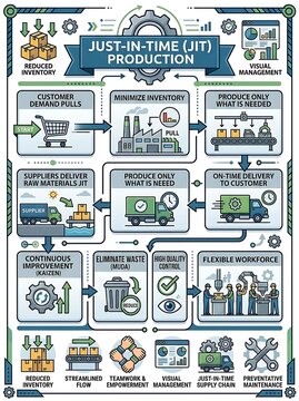 Just-in-time production system infographic showing manufacturing flow