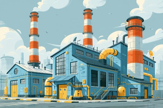 Flat design industrial factory building vector illustration with smokestacks