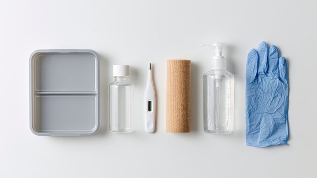 Personal Hygiene and Health Items Laid Out Flat.