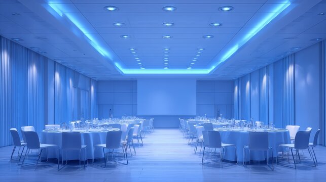 Modern blue-lit conference room with empty chairs arranged for an upcoming business meeting, contemporary corporate interior, professional office environment, meeting space, workplace collaboration, e
