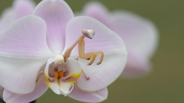 Praying Mantis on Elegant Pink Orchid Flower in Soft Focus Background