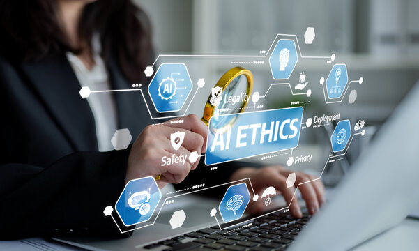 A professional examines AI ethics in business settings, highlighting the importance of legality, safety, and privacy while promoting responsible technology use and decision-making. Tessel