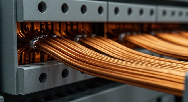 Copper cable wires connected to network patch panel in technology data center