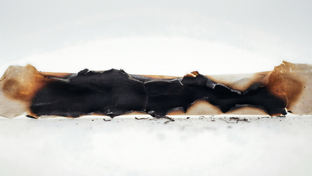 Closeup of a burnt cigarette isolated on white background