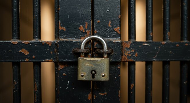 Padlock locking rusty metal gate in dark environment with vertical bars