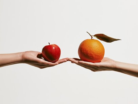 Two Hands Offering Apple and Orange in a Comparison.
