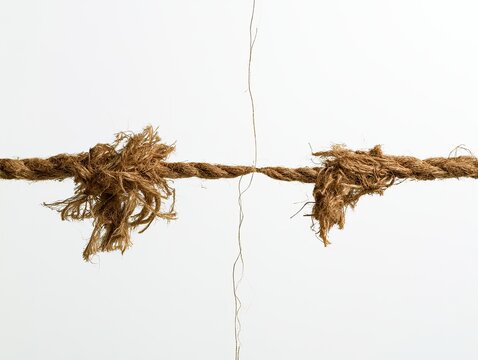 Close-up of a frayed rope about to break against a white background.