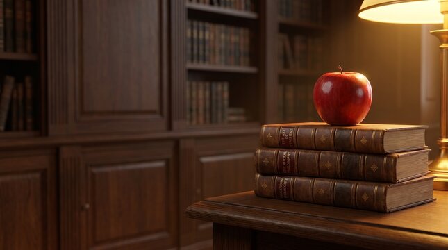 World Teachers Day Red Apple Vintage Leather Books Dark Oak Desk