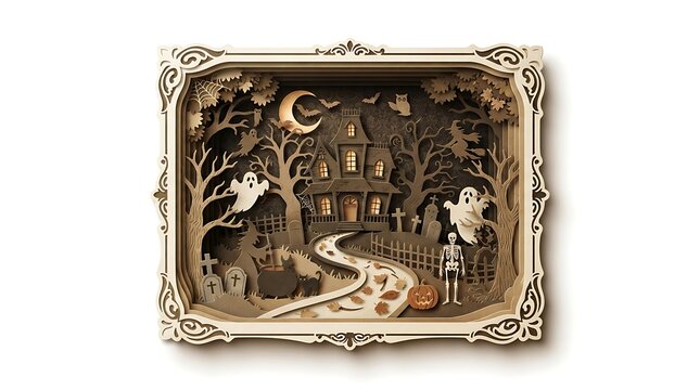 Haunted house scene with ghosts and spooky elements