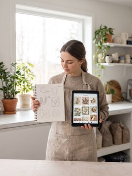 Woman in Linen Apron Examining Digital Tablet with Clay Pottery Designs