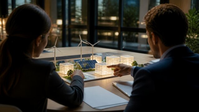 Business team reviewing clean energy microgrid innovation prototype