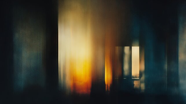 Cinematic abstract blurred vertical light streaks, moody dark background with warm orange and cool teal glowing window effect