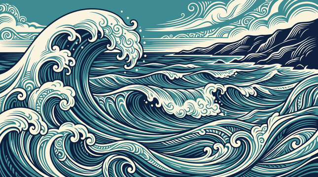 Vector illustration of stormy ocean waves in a detailed vintage artistic style
