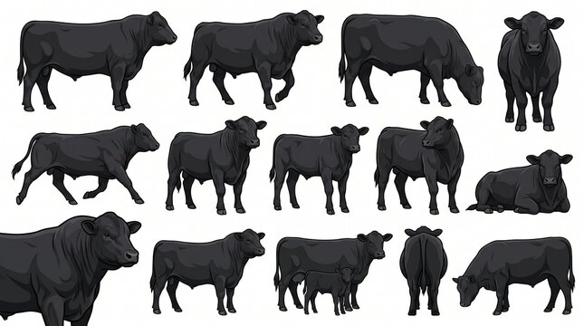 Angus Bull Vector Collection, Black Angus Cattle in Standing, Walking, Grazing and Running Poses, Livestock Illustration
