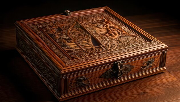 Intricately carved wooden treasure chest box.