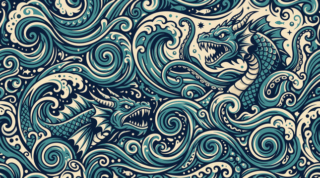 Japanese style sea dragon wave seamless pattern vector illustration