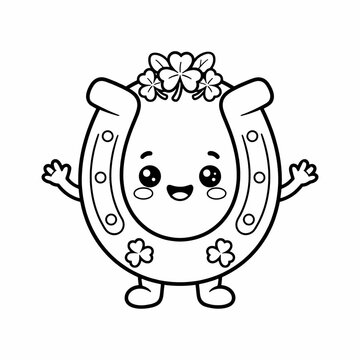 Cute Kawaii Horseshoe Character with Clovers Coloring Page