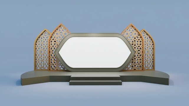 Elegant 3D Islamic stage backdrop assembling with phasing animation and smooth camera, featuring geometric arabesque panels and a blank central display for events, celebrations, and presentation