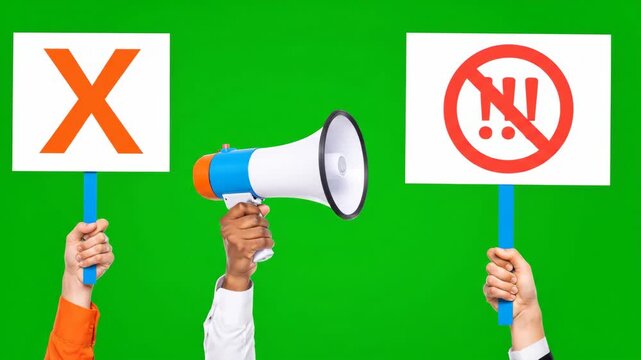 Person holding megaphone with "no" sign and "stop" sign against green background, protest concept, demonstration, activism, social issues, communic...