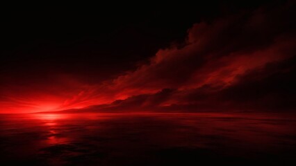 Fototapeta premium Crimson Horizon: A dramatic seascape unfolds under a sky ablaze with fiery red clouds, reflecting on the calm, dark waters below, evoking a sense of mystery and awe.