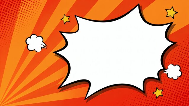 Pop Art Speech Bubble: A vibrant orange and red background with radiating lines and halftone dots sets the stage for a blank white speech bubble, perfect for adding custom text or design elements.