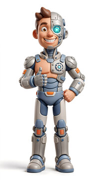 Friendly cute cyborg robot giving a confident thumbs-up gesture, featuring expressive human features, mechanical armor, colorful futuristic accents, and polished stylized 3D rendering.