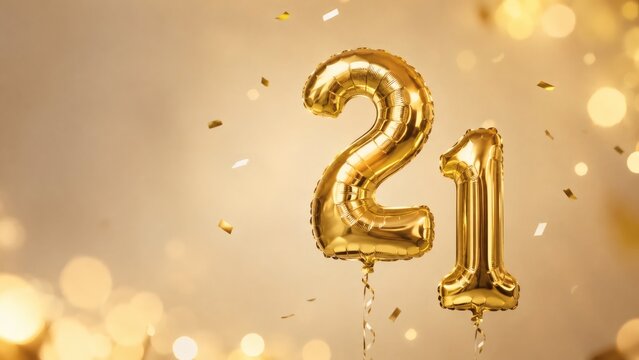 Golden 21 Balloons and Confetti: Large, shimmering gold balloons spelling out the number 21 float against a soft, bokeh-filled golden background, adorned with falling confetti.