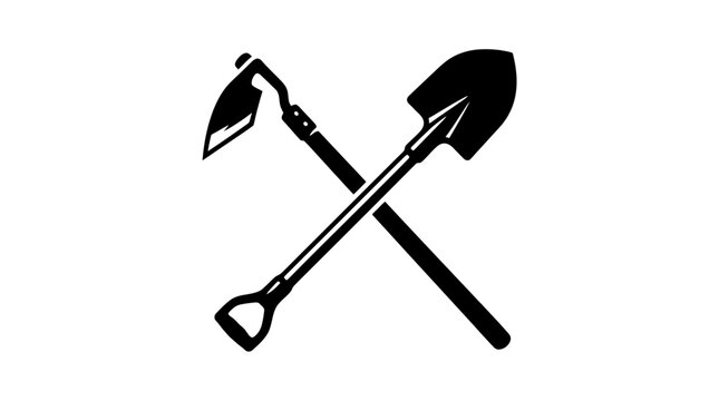Minimalist black and white vector illustration of a crossed gardening hoe and shovel farm tools