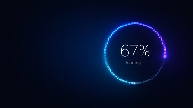 Futuristic Loading Bar: A neon blue and purple ring with 67% and loading displayed within a dark blue, futuristic background, symbolizing progress and digital advancement.