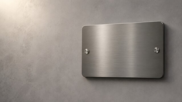 Blank Metal Plaque on Textured Wall: A brushed metal plaque with rounded corners, mounted on a subtly textured gray wall, awaits personalization.
