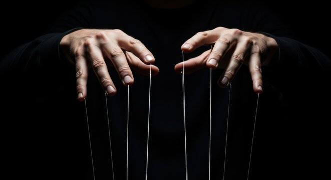 Dramatic Close-up of Puppet Master Hands Controlling Strings Against a Dark Background for Concept of Power and Manipulation
