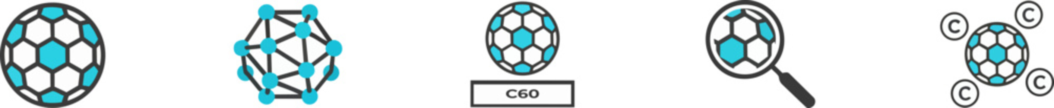 Buckyball and Fullerene Science Icon Collection with C60 Molecule, Carbon Structure, Magnified Model and Nanotechnology Symbols