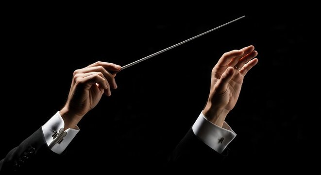 Professional Orchestra Conductor Hands Holding Baton Performing Classical Music on Dark Background