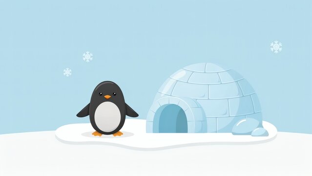 Cartoon penguin standing near igloo in snowy winter landscape with standing next cold weather cute cartoon