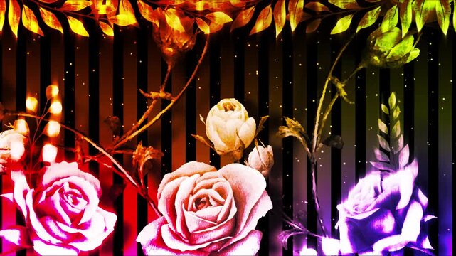 Vibrant neon roses and green leaves create a colorful floral animation.