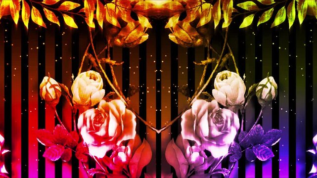 Colorful glowing roses and tropical foliage against a vibrant black backdrop.