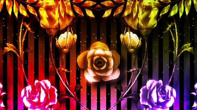 Glowing multicolor roses bloom with tropical foliage and neon light.