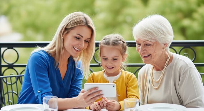 Three Generations of Women Smiling and Looking at a Smartphone Together on a Sunny Outdoor Terrace